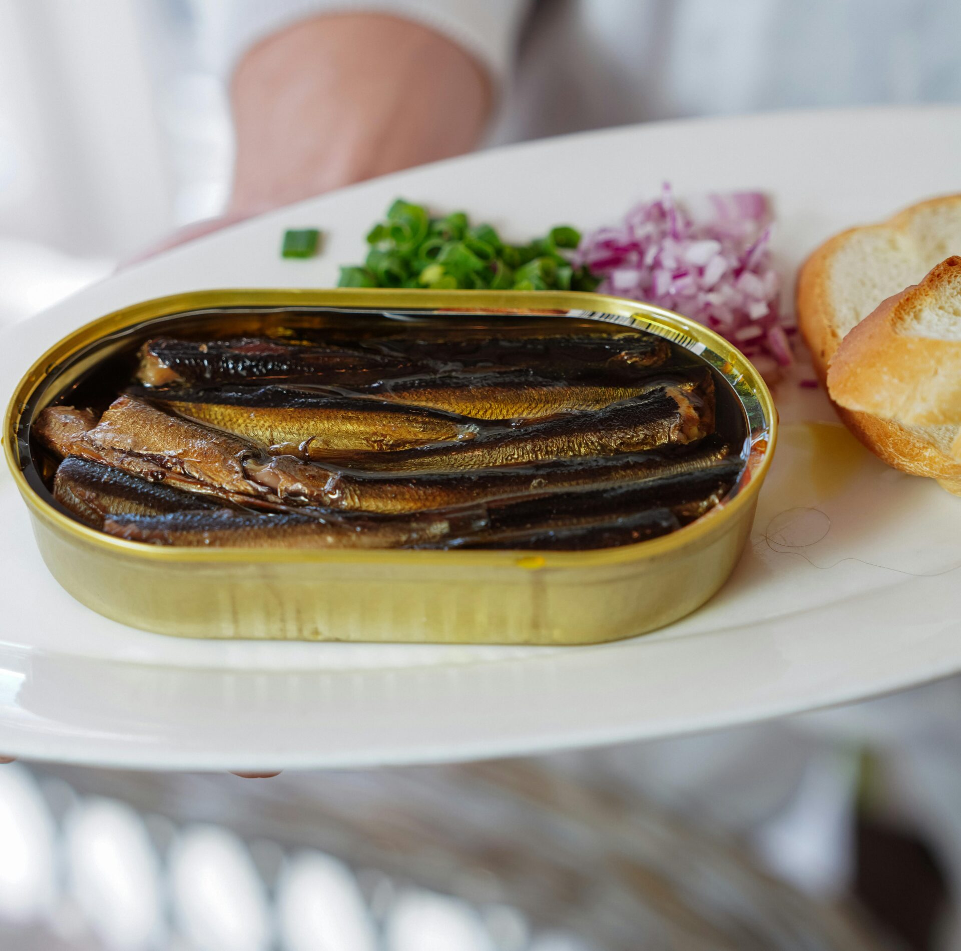 Person Holding a Plate with Canned Sardine Fish